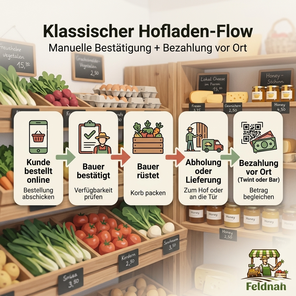Klassischer Hofladen-Flow: Kundin bestellt online, Bauer bestätigt manuell, Kundin holt ab und zahlt vor Ort