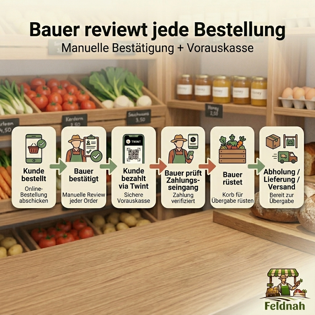 Voller Review-Flow: Manuelle Bestätigung, Vorauskasse via TWINT, Bauer prüft Zahlungseingang