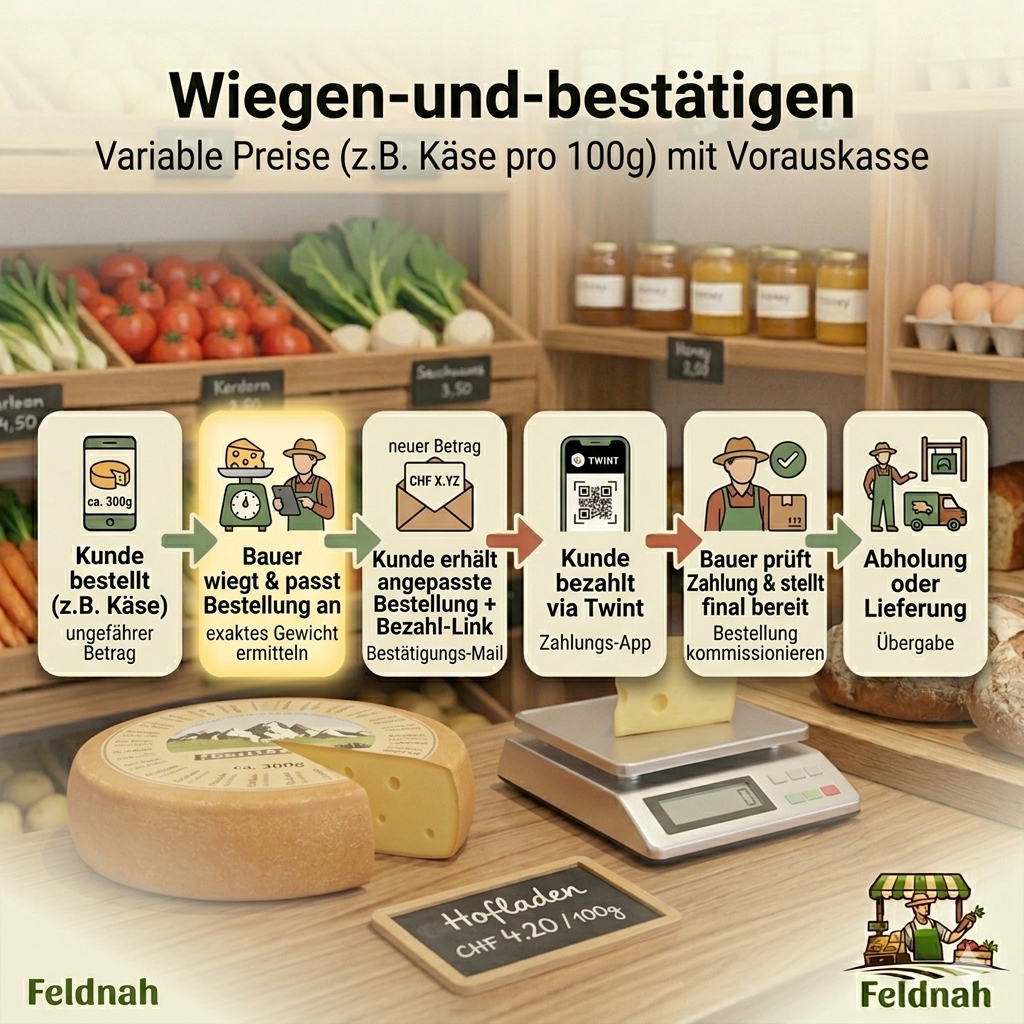 Wiegen-und-bestätigen: variable Preise mit Vorauskasse, Bauer wiegt nach und schickt angepassten Bezahl-Link