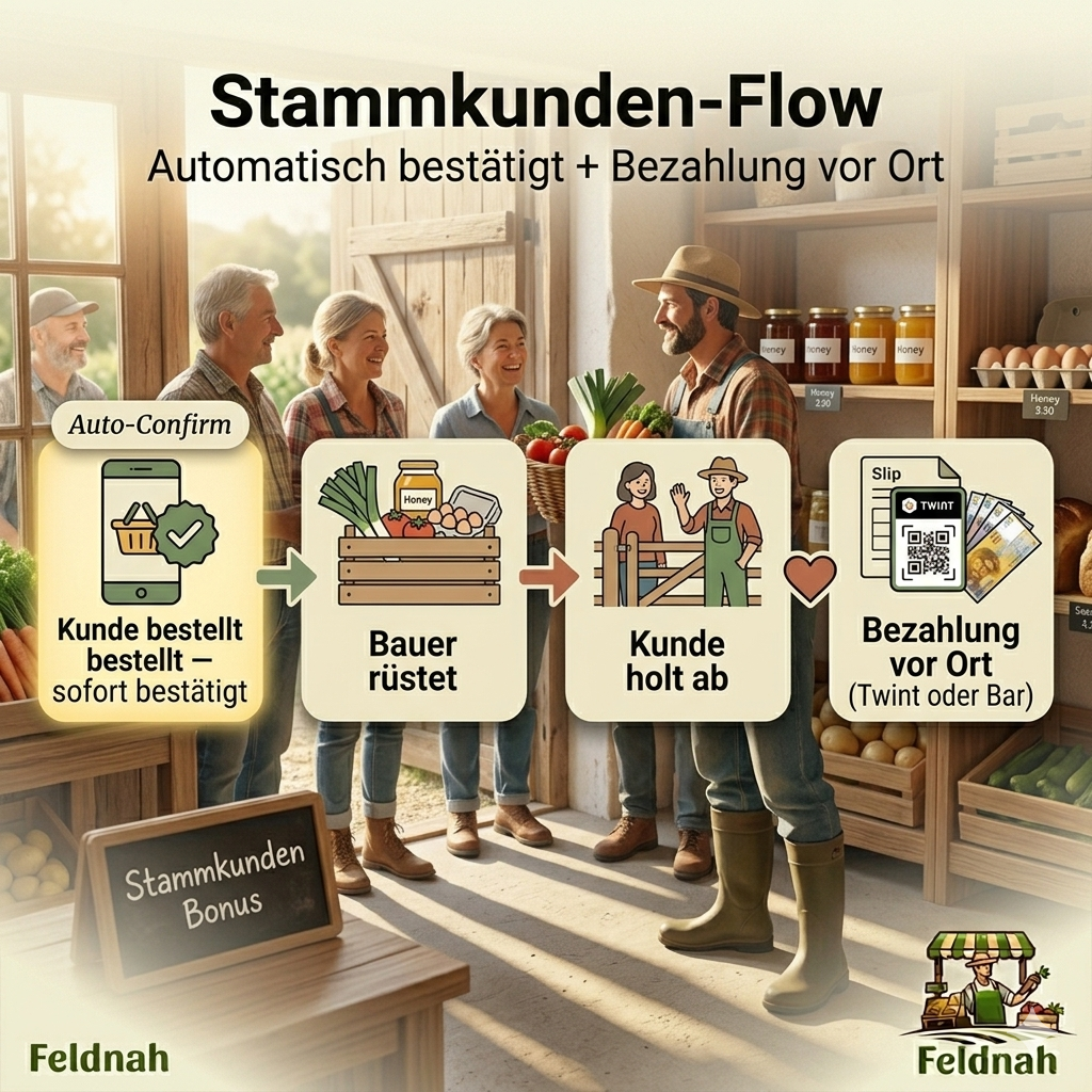 Stammkunden-Flow: Bestellung automatisch bestätigt, Bauer rüstet, Kundin holt ab und zahlt vor Ort